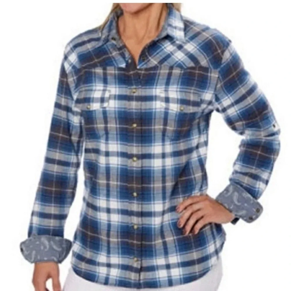 Zachs Girlfriend Bea,XL, blue plaid, paisley print lining pearl snap roll‎ tab